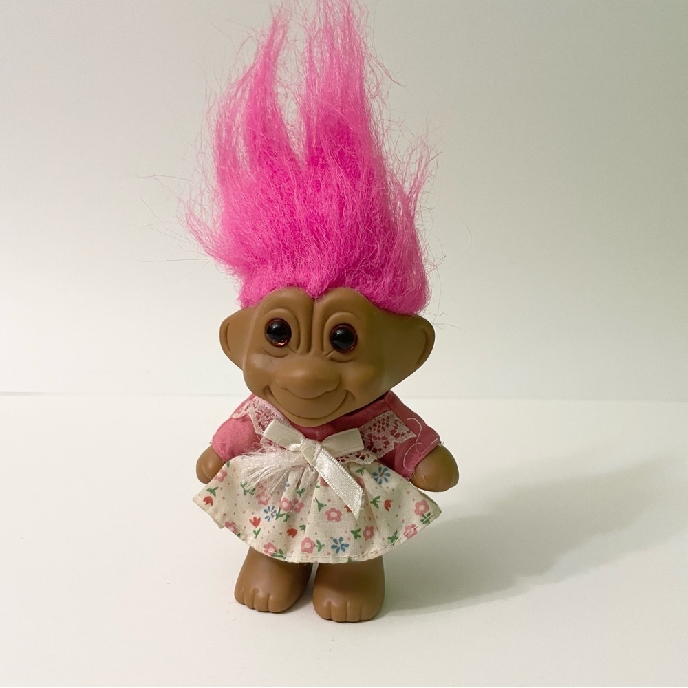 Vtg Troll Pink Hair Troll Doll with Floral Dress